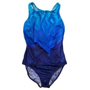 2/$30 Vintage Robby Len One Piece Swimsuit Blue Floral Ombre Bra Shelf Size 12